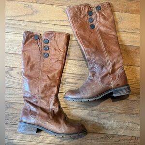 Sofft Brown Leather Riding Boots | Distressed Knee-High Zip-Up | Button Detail